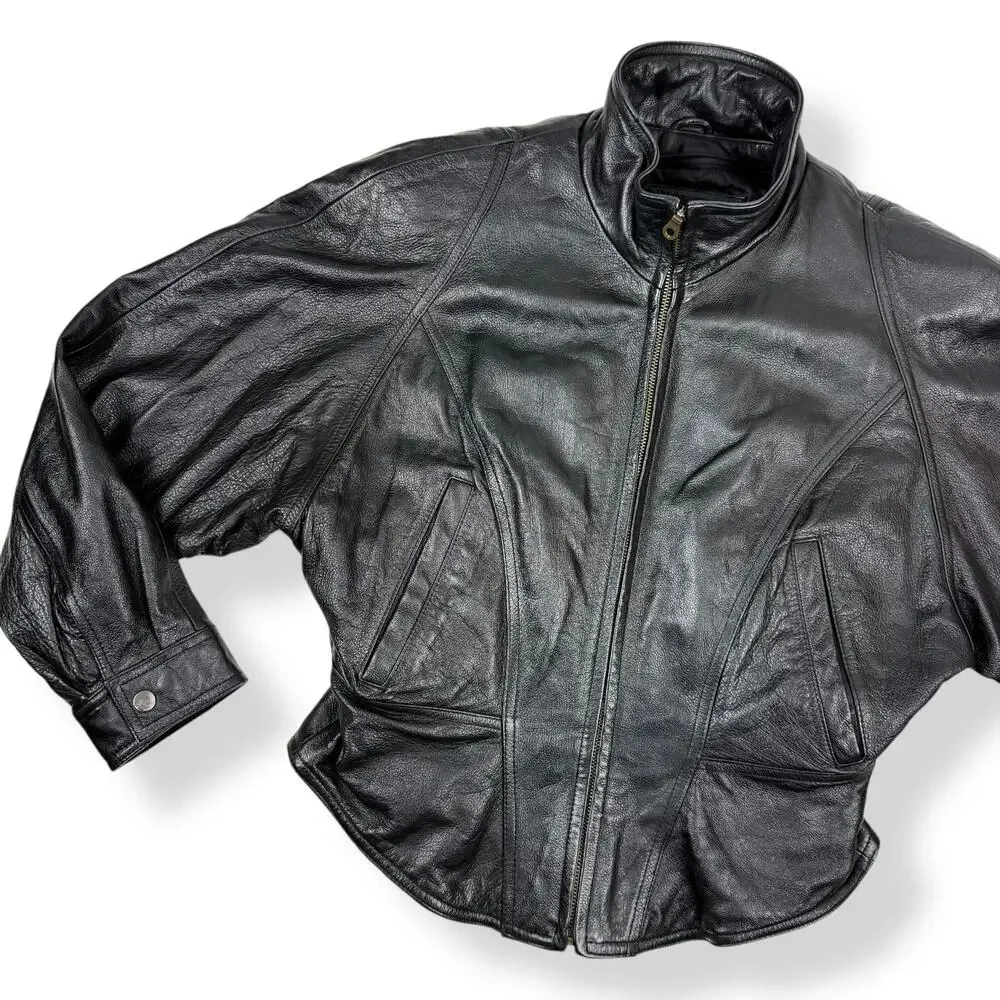 Vintage WILSONS LEATHER black batwing cropped corset motorcycle leather jacket - Picture 8 of 16